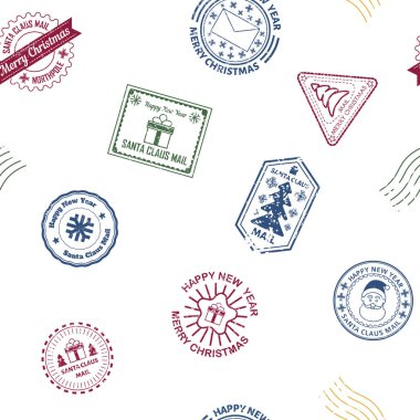 Beyaz arka planda renksiz noel pullarının kusursuz vektör deseni. Tatil dekorasyonu, hediye paketi ve tebrik kartları için uygun..