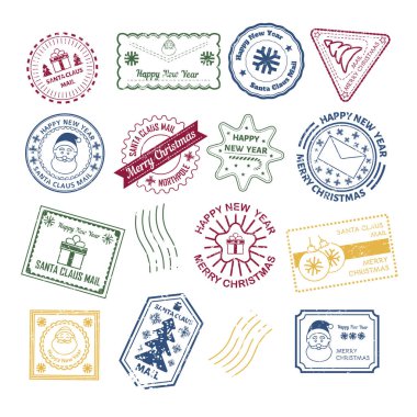 Çeşitli şekil ve stillerde renkli Noel pulları koleksiyonu. Tatil sanatı, hediye paketi ve kart tasarımı için mükemmel vektör çizimi.