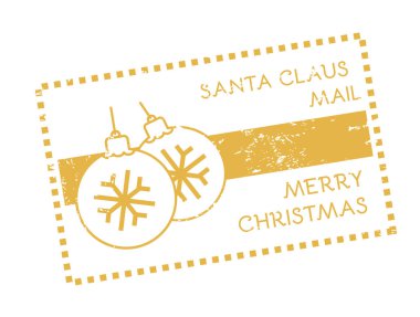 Üzerinde Noel Baba ve Mutlu Yıllar mesajı olan sarı damgalı bir posta pulu. Bayram kırtasiyesi için ideal. Vektör illüstrasyonu.