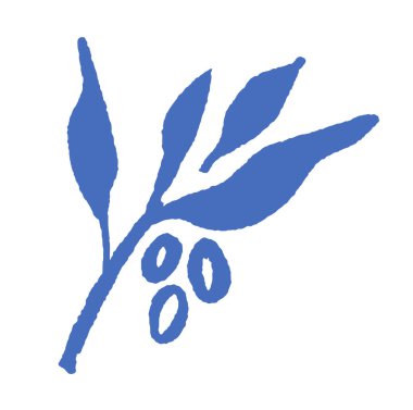 Üç yaprak ve böğürtlenli bir dalın minimalist vektör çizimi, koyu tek renkli, beyaz arkaplanda izole edilmiş. Doğadan esinlenilmiş projeler için uygun.