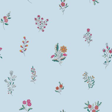 Mavi arka planda narin çiçeklerin vektör çizimi, dekoratif tarzda kusursuz desen. Tekstil ve duvar kağıdı için uygun.
