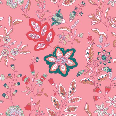 Zarif çiçekler ve yapraklarla pembe bir arka planda çiçek vektör çizimi. Duvar kağıdı, tekstil ve hediye paketi için mükemmel..