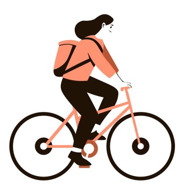 Beyaz bir arka planda izole edilmiş bisiklet süren bir kadının minimalist vektör çizimi. Ulaşım ve uygunlukla ilgili projeler için uygundur.