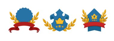 Kraliyet amblemi rozetleri, taç ve defne çelenkleri, kraliyet tarzında beyaz arka planda izole edilmiş. Ödüller ve sertifikalar için vektör illüstrasyonu.