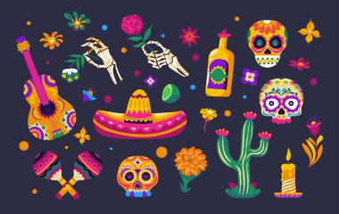 Kafatası, çiçek, gitar, sombrero ve kadife çiçeği gibi çeşitli Dia de los Muertos elementlerinin yer aldığı bir vektör çizimi..