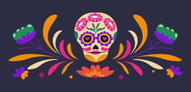 Dia de los Muertos 'a uygun renkli elementlerle süslenmiş bir çiçek kafatasının vektör çizimi ve koyu arkaplanda şenlik tasarımları..