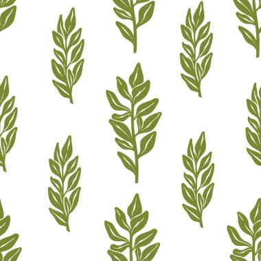 Beyaz arka planda izole edilmiş yapraklı yeşil otlar içeren desen. Vektör illüstrasyonu.