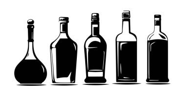 Siyah-beyaz eski şişe siluetleri koleksiyonu. Vektör illüstrasyonu.