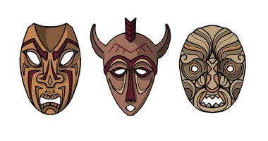 Detaylı desenleri ve renkleri olan üç kabile maskesinin vektör çizimi. Beyaz arkaplanda izole.