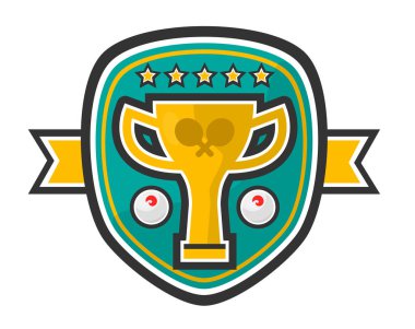 Masa tenisi şampiyonluğu rozeti ve kupa ve küreklerin vektör çizimi. Beyaz arkaplanda izole.