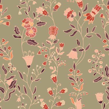 Kusursuz çiçek desenleri ve karmaşık botanik detaylarıyla. Vektör illüstrasyonu kumaş, duvar kağıdı ve ev dekorasyonu için mükemmel.