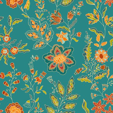 A colorful vector seamless pattern with intricate botanical elements on a teal background. Perfect for textiles, wallpaper, or decorative projects. clipart