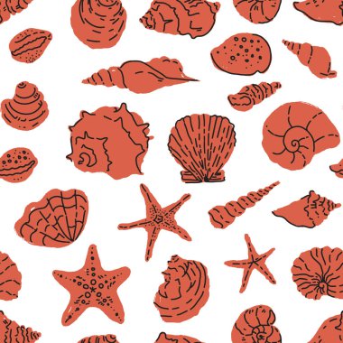 Beyaz arka planda izole edilmiş çeşitli deniz kabukları ve deniz yıldızlarının vektör çizimi. Eğitim malzemeleri ve el işleri için mükemmel..