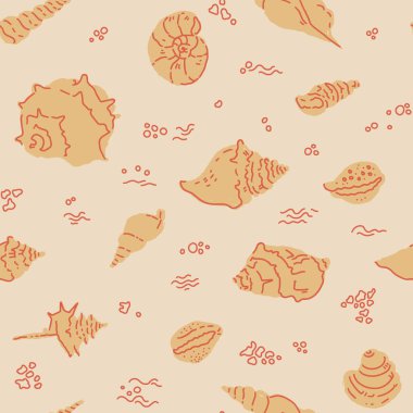 Bej bir zemin üzerinde çeşitli deniz kabukları içeren vektörsüz desen basit bir el çizimi tarzında, yaz ve plaj temalı projeler için mükemmel..
