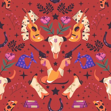 Kafatası, gitar, bot ve zengin kırmızı arka planda şapkalar gibi batı temalı çizimler içeren kusursuz bir vektör deseni. Duvar kağıtları, kumaşlar ve temalı dekor için ideal.