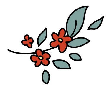 Kırmızı çiçeklerden oluşan bir dal ve yeşil yapraklar dekoratif vektör tarzında, beyaz arka planda izole edilmiş. Davetiyeler ya da desenler için ideal.