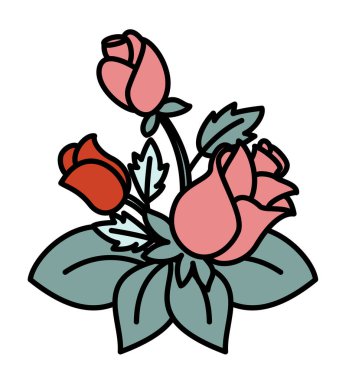 Yeşil yapraklarla tamamlanmış kırmızı ve pembe tonlarında açan güllerin vektör çizimi. Cesur ve dekoratif bir şekilde çizilmiş, beyaz bir arka planda izole edilmiş. Romantik tasarımlar için ideal.