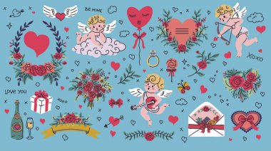 Meleklerin, kalplerin, çiçeklerin ve romantik dekorasyonların yer aldığı detaylı bir vektör çizimi. Beyaz bir arkaplanda tuhaf bir çizgi film stili tasarlandı..