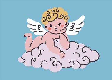 Beyaz arka planda izole edilmiş, neşeli bir çizgi film tarzında tüylü bir bulutun üzerinde dinlenen melek figürü. Sevgililer Günü ve bebek temalı tasarımlar için ideal..