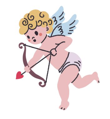 Beyaz arka planda izole edilmiş, kalp uçlu okla yay tutan bir meleğin vektör çizimi. Romantik tasarımlar ve dekorasyonlar için mükemmel..