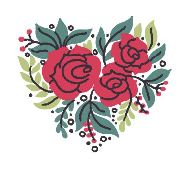 Beyaz bir arka planda izole edilmiş, dekoratif bir şekilde kalp şeklinde düzenlenmiş gül ve yaprakların vektör çizimi. Romantik ve düğün tasarımları için mükemmel..