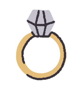 Beyaz arka planda izole edilmiş, basit ve modern bir şekilde parıldayan elmas bir nişan yüzüğünün vektör çizimi. Düğün ve romantik temalar için ideal.