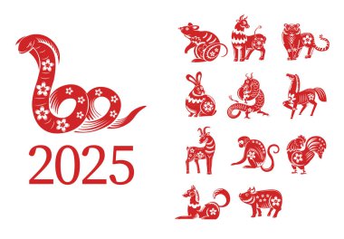 Kırmızı ve beyaz tonlarda çiçek motifleri olan 12 Çin zodyak hayvanından oluşan vektör seti, beyaz üzerine izole edilmiş, takvimler ve eğitim malzemeleri için mükemmel..