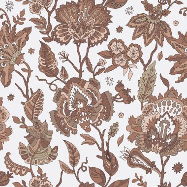 Çiçeksiz, karmaşık desenli, antika çiçekler ve Mocha Mousse renginde botanik elementler. Kumaş baskıları, kırtasiye malzemeleri ve duvar kağıtları için ideal.
