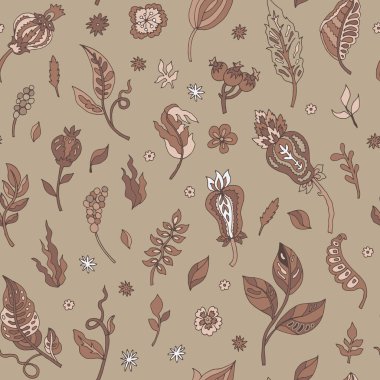 Sıcak bir Mocha Mousse renk paletinde yapraklar ve çiçekler de dahil olmak üzere bitkisel elementlerin kusursuz vektör deseni. Tekstil, duvar kâğıtları ve ambalaj için ideal.