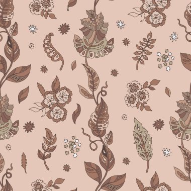 Yumuşak botanik elementlerin ve Mocha Mousse gölgelerindeki çiçeklerin kusursuz vektör deseni. Tekstil, duvar kâğıtları ve dijital tasarımlar için ideal.