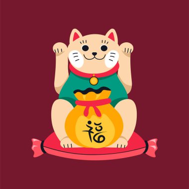 Geleneksel Çince karakterlerle dolu bir para kesesini elinde tutan şanslı bir kedinin vektör çizimi, dekoratif kırmızı bir yastığın üzerinde oturuyor. Kalın renklerle modern düz bir tasarım..