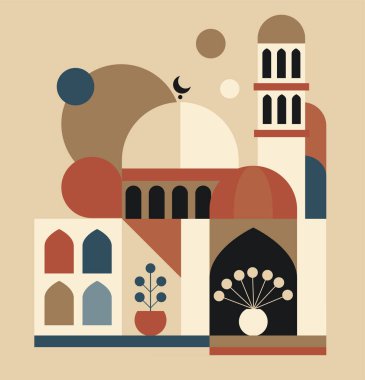 Hilal ay ile birlikte İslami mimarinin soyut geometrik çizimi. Ramazan Kareem 'i minimumda kutluyor. Bej arkaplanda izole edilmiş vektör illüstrasyonu.