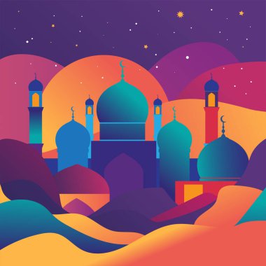 Colorful mosque silhouettes with domes and minarets in a layered gradient landscape, representing Islamic architecture during sunset. Ideal for Ramadan and Eid themes, invitations, and posters. clipart