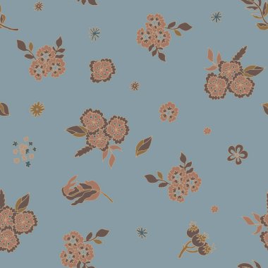 Küçük çiçek buketleri ve yumuşak mavi arka planda tuhaf bir vektör tarzıyla tasarlanmış yapraklar içeren biçimlendirilmiş dikişsiz desen. Kumaşlar, hediye paketleri ve kırtasiye malzemeleri için mükemmel..