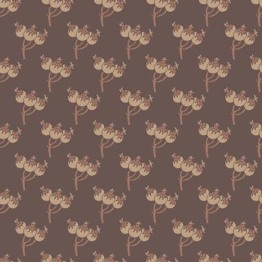 Dekoratif vektör tarzında tasarlanmış, koyu kahverengi bir zemin üzerinde yumuşak toprak tonlarda şekillendirilmiş nar desenli kusursuz desen. Tekstil ve ambalaj kağıdı için ideal.