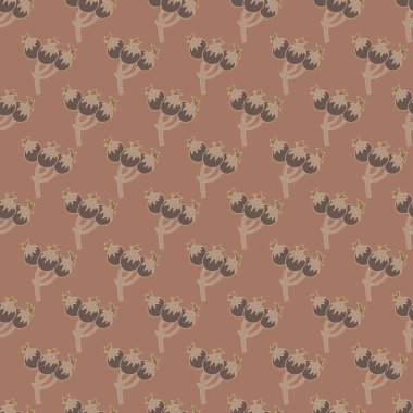 Dekoratif vektör tarzında yaratılmış, sıcak bir terracotta arka planında toprak tonuyla şekillendirilmiş nar içeren pürüzsüz desen. Paket kağıdı ve ev dekorasyonu için harika..