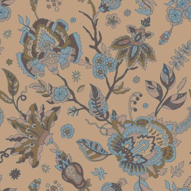 Kusursuz desen, karmaşık çiçek motifleri, toprak tonlarında ve bej arka planda mavi aksanlı zarif bir vektör tarzında yaratılmış. Tekstil ve lüks ambalaj için mükemmel..