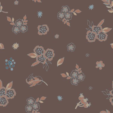 Küçük çiçek elementleri ve toprak tonlarında yaprakları olan pürüzsüz desenler ve koyu kahverengi arka planda, temiz bir vektör tarzında yaratılmış mavi renkler. Ambalaj kağıdı ve dekor için harika..