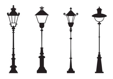 Minimalist vektör tarzında beyaz arka planda izole edilmiş klasik sokak lambası siluetleri. Kentsel tasarımlar, açık hava temaları veya retro markalaşma için ideal.