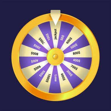 İkramiye ve parasal miktarlar da dahil olmak üzere renkli kısımları olan parlak bir talih kuşu karanlık bir arka planda izole edilmiş. Oyun veya kumar projeleri için mükemmel dinamik bir vektör çizimi.