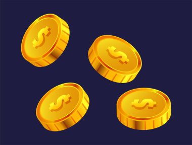 Parlak altın sikkeler, kabartmalı dolar sembolleri, karanlık bir arka planda izole edilmiş. Finansal, oyun veya ödül temalı tasarımlar için kullanılabilecek bir vektör illüstrasyonu.