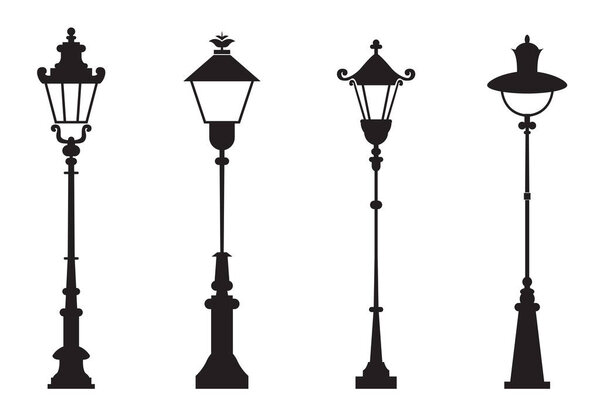 Set of vintage street lamp silhouettes in a minimalist vector style, isolated on white background. Ideal for urban designs, outdoor themes, or retro branding.