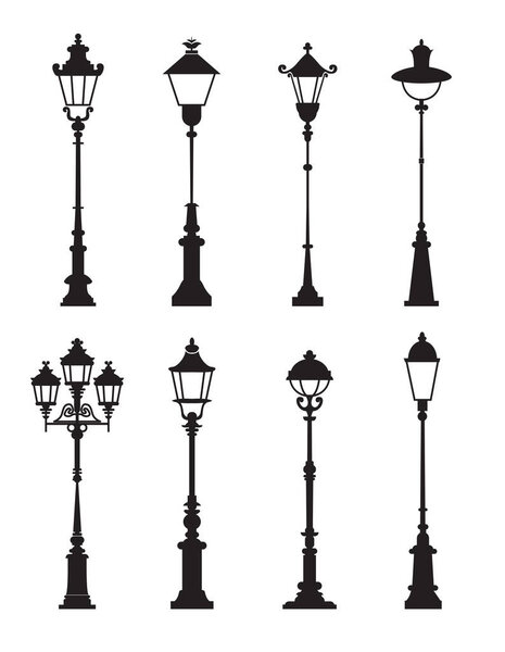 A set of antique street lamp silhouettes with detailed designs, ideal for architectural projects, vintage decor, and creative illustration themes.