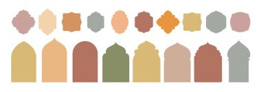 Değişik şekillerde yeşil minimalist cami siluetleri. Beyaz arka planda izole edilmiş. İslami tasarım projeleri veya Ramazan temalı grafikler için mükemmel.