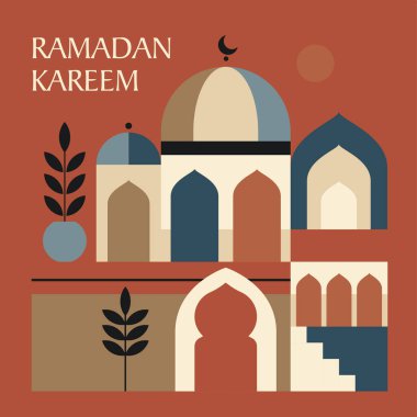 Canlı tonlara sahip İslami mimariden esinlenen geometrik şekilleri gösteren bir vektör çizimi. Ramazan ve kültürel dekor projeleri için mükemmel.