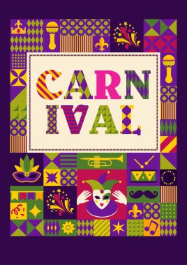 Mardi Gras renklerinde maskeler, taçlar, müzik notaları ve bayram sembollerinin yer aldığı cesur bir geometrik yama. Kusursuz bir vektör çizimi.