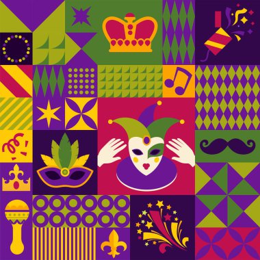 Mardi Gras 'yı kutlayan canlı ve sanatsal bir kompozisyon, maskeler, taçlar, enstrümanlar ve canlı desenler. Bir vektör illüstrasyonu.