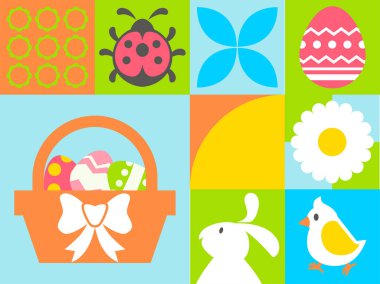 Yumurta, tavşan, çiçek ve geometrik şekiller içeren mevsimsel elementlerden oluşan dekoratif bir Paskalya vektör çizimi.