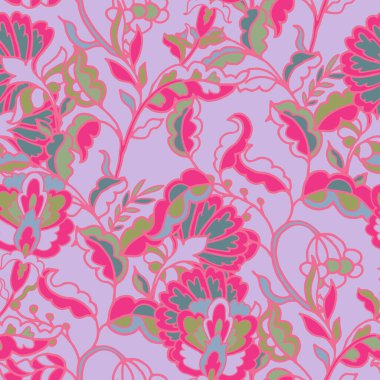 Dekoratif ve sanatsal tarzda renkli çiçek motifleri, kumaş baskıları ve ev dekorasyonu için ideal olan, halk sanatından esinlenilmiş kusursuz bir vektör deseni..