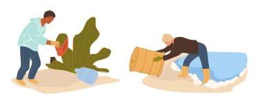 Gönüllülerin atık ve molozları temizleme, çevre dostu çabaları ve çevre sorumluluğunu temiz ve modern bir şekilde destekleme amaçlı bir temsili..